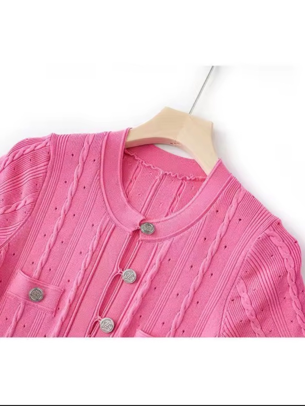 Sandro like KNIT BUTTON-FRONT MIDI DRESS WITH SCALLOPED SLEEVES – PINK - Picture 2 of 3